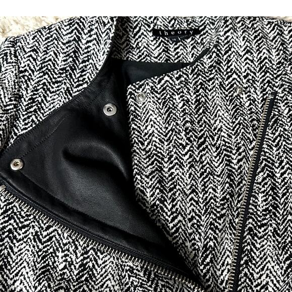 Theory Joean Herringbone Leather Trim Moto Jacket Women Size 00 Y2K Biker Retro - Picture 5 of 7